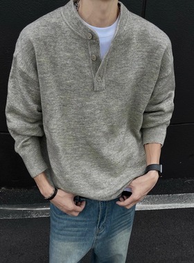 美式复古亨利领毛衣男款秋冬季慵懒高级感休闲男士内搭打底针织衫