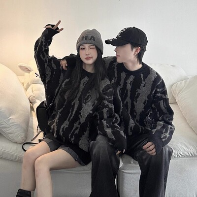 潮标蒂套头圆领情侣毛衣男款冬季