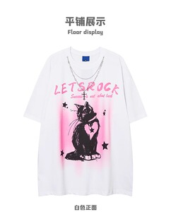 纯棉夏季新款坐立猫咪项链短袖印花上衣T恤男女102B-T0214P30图片