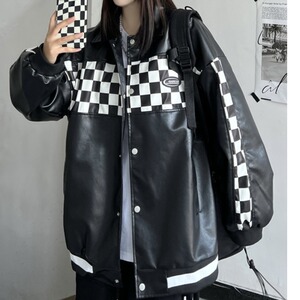 2025秋pu皮夹克棒球服格子拼接小众宽松百搭外套102B-J9909P85,格纹长款西装外套搭配图片图片
