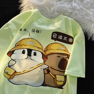卡通潮牌小众短袖t恤多巴胺情侣杏色韩版重磅上衣102B-T9154P30图片