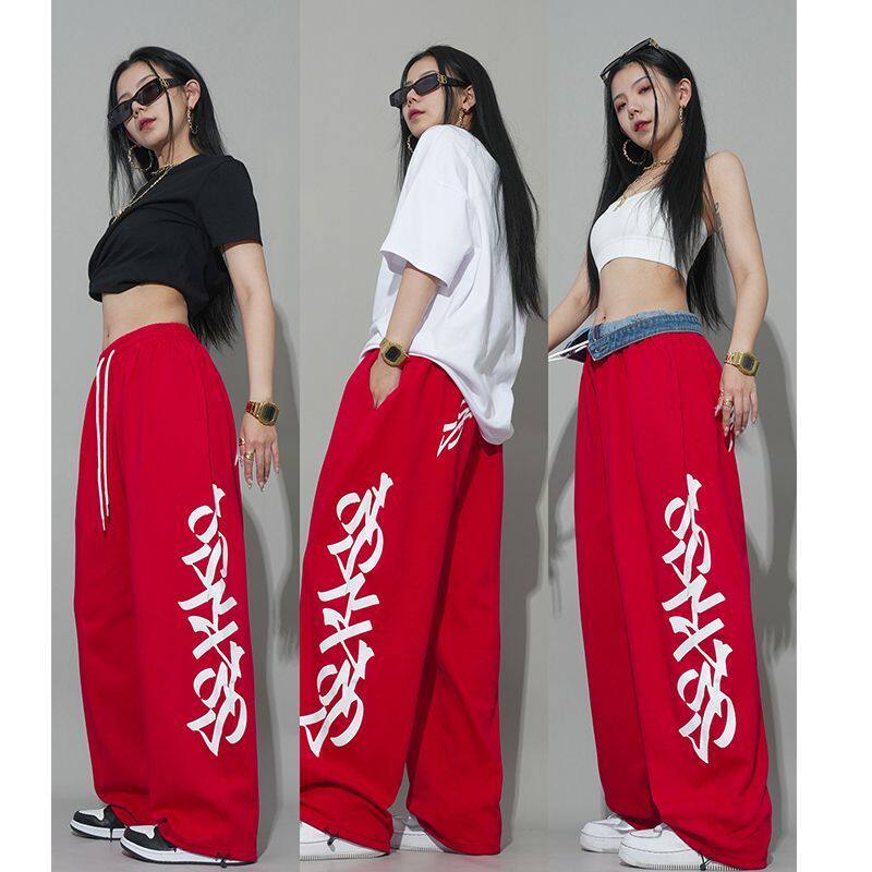 红色抽绳街舞hiphop运动裤嘻哈炸街宽松休闲跳舞卫裤102B-K803P40图片