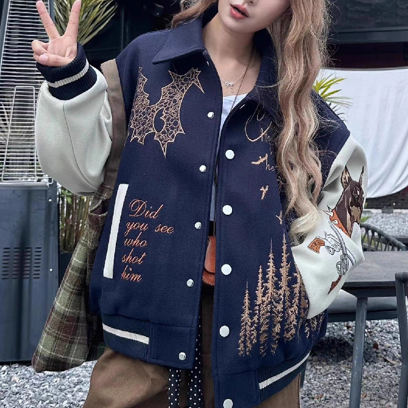 秋2025原版刺绣毛呢夹克廓形飞行员棒球服外套男女102B-JK8639P88,男装夹克,星座102B
