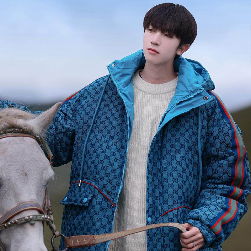 加厚潮帅气连帽品牌logo情侣中长款宽松羽绒服男女102B-Y902P195，男装羽绒服，星座102B