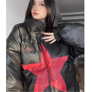 美式街头复古星星加厚pu皮棉服外套男女宽松面包服102B-M6162P118图片