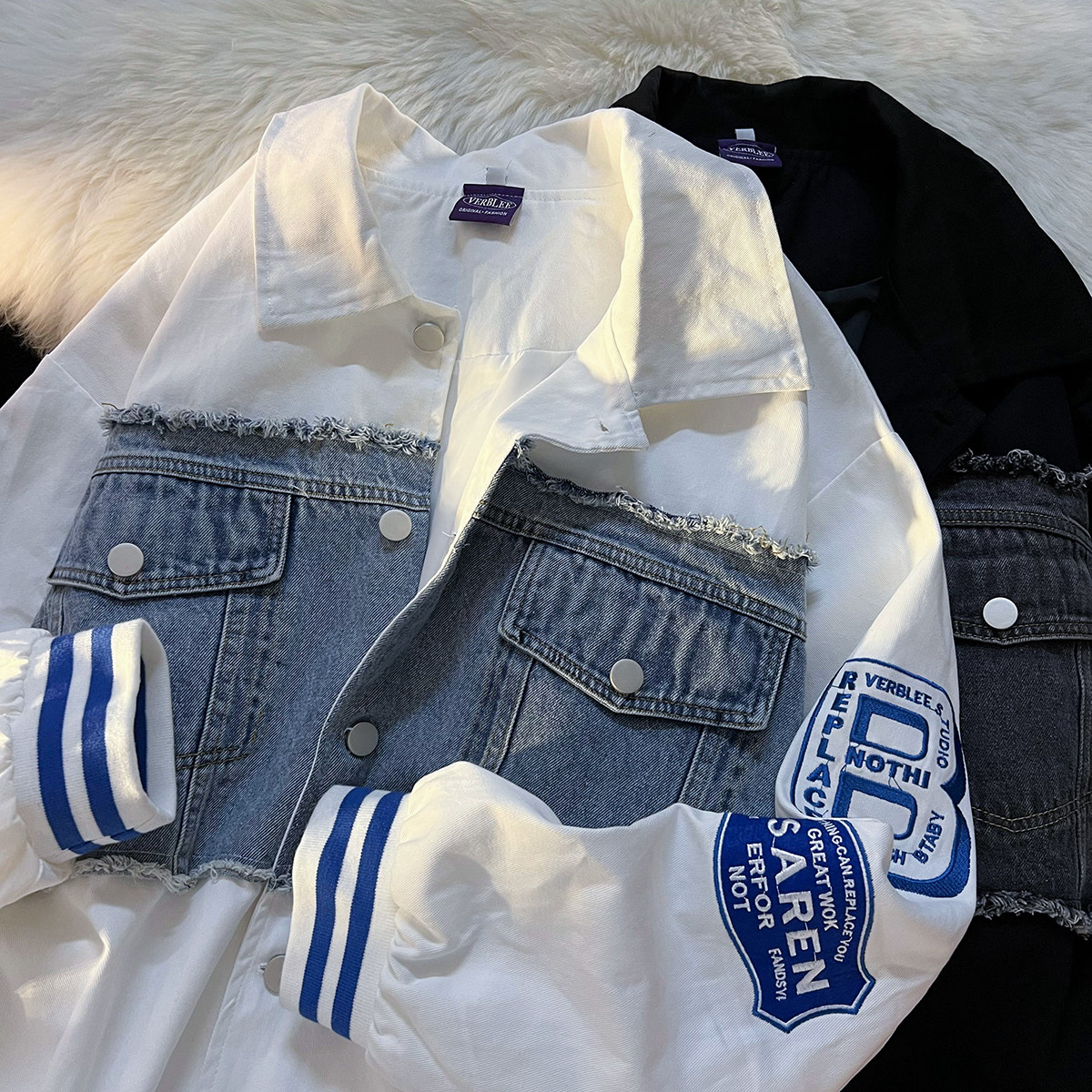 原版抖音质量加内里棒球服夹克牛仔拼接外套男女102B-J8158P98,男装夹克,星座102B