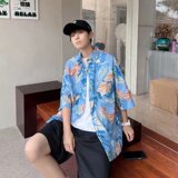 港风免烫复古潮短袖花衬衣男女潮牌衬衫日系情侣102B-C8608P30，男装衬衫，星座102B