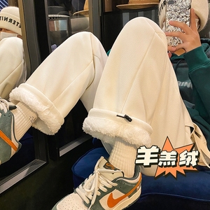 加绒款华夫格秋冬加厚学生韩版宽松直筒休闲运动裤102B-JR408P50,黑色皮外套女搭配什么裤子图片