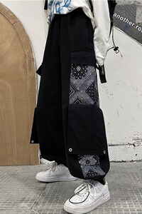 秋纽扣多袋拼接腰果花男女复古宽松抽绳束脚休闲裤102B-K9825P55图片