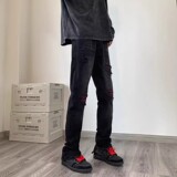 破洞贴布牛仔裤男ins潮牌嘻哈美式直筒拉链开叉长裤102B-NZ392P68，男装牛仔裤，星座102B