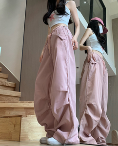 美式工装裤女高腰直筒阔腿裤粉色休闲拖地裤可束脚102B-K8142P58图片