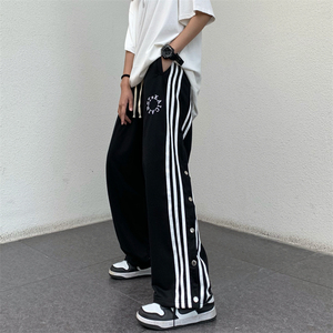条纹运动侧排扣裤街头宽松抽绳休闲直筒阔腿裤男女102B-K234P45
