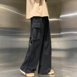 2024秋水洗棉复古工装裤男潮牌宽松多口袋飘带直筒裤102B-K203P65，男装休闲裤，星座102B