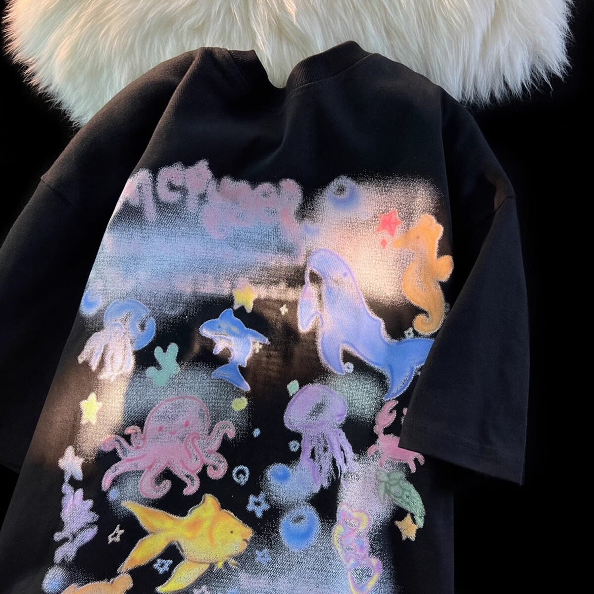 纯棉美式复古涂鸦短袖t恤纯棉宽松情侣半袖vintage102B-T6517P30,男装T恤,星座102B