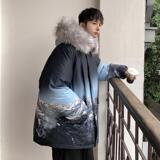 加厚潮水墨雪山印花连帽情侣中长款宽松羽绒服男女102B-Y2281P160，男装羽绒服，星座102B