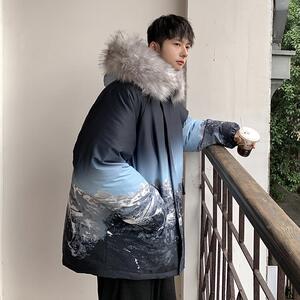 加厚潮水墨雪山印花连帽情侣中长款宽松羽绒服男女102B-Y2281P160图片
