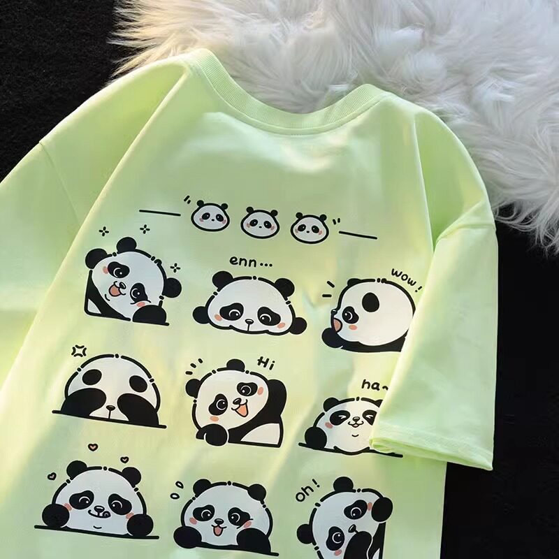 卡通潮牌熊猫短袖t恤多巴胺小众纯棉情侣甜美上衣102B-T9855P30,男装T恤,星座102B