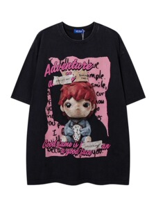 潮牌短袖T恤男女宽松嘻哈洗水做旧卡通印花五分袖102B-T7635P30图片