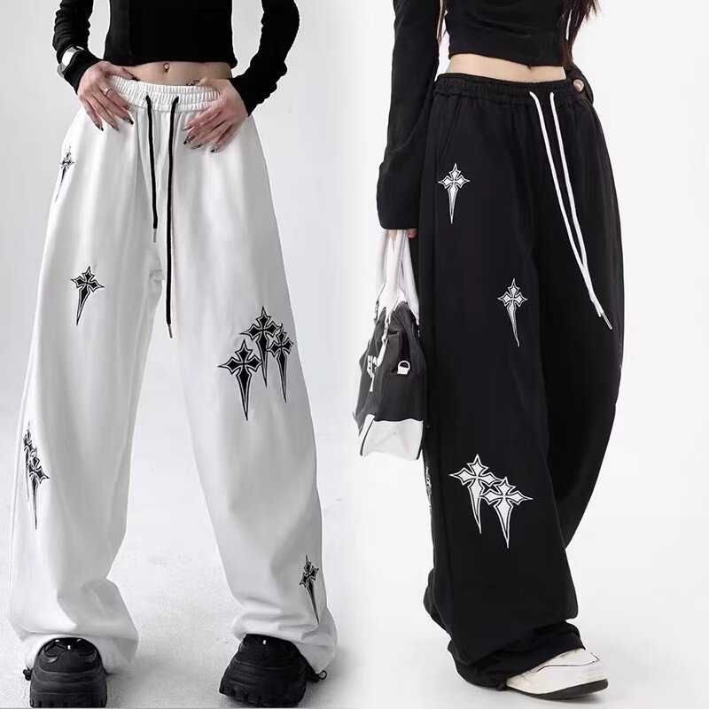 休闲卫裤美式星星印花直筒裤男女水洗高腰阔腿裤子102B-K8248P45图片