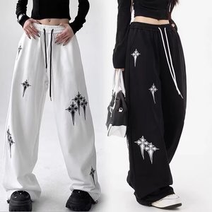 休闲卫裤美式星星印花直筒裤男女水洗高腰阔腿裤子102B-K8248P45图片