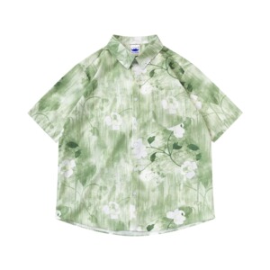 四面弹港风印花短袖衬衫男女夏季新款绿色扎染宽松102B-C2404P35图片