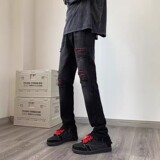 破洞贴布牛仔裤男ins潮牌嘻哈美式直筒拉链开叉长裤102B-NZ392P68，男装牛仔裤，星座102B