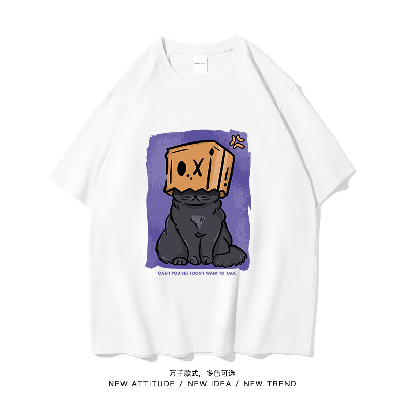 纯棉蓝猫躲盒emo夏季中性宽松休闲印花短袖上衣T恤102B-T0343P30,男装T恤,星座102B