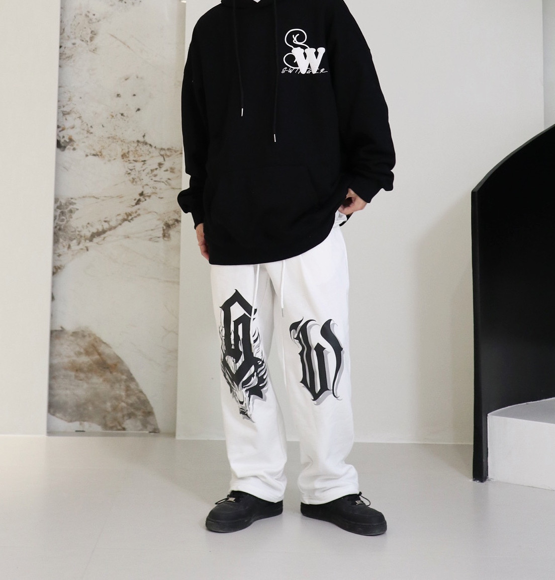 黑白运动裤抽绳宽松字母印花卫裤爵士裤hiphop嘻哈潮102B-K781P45,男装休闲裤,星座102B