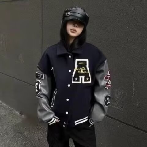 秋2025重工刺绣拼皮潮牌棒球服外套长袖翻领夹克102B-JK307P78,男装夹克,星座102B