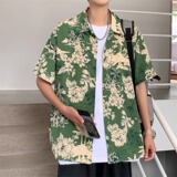 印花抖音款小清新复古花衬衫宽松海边度假短袖情侣102B-C3125P35，男装衬衫，星座102B