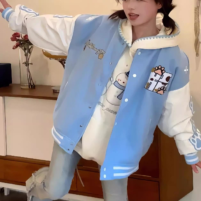秋男女2025学院风猫爪刺绣棒球服外套撞色夹克上衣102B-JK817P78,女装短外套,星座102B
