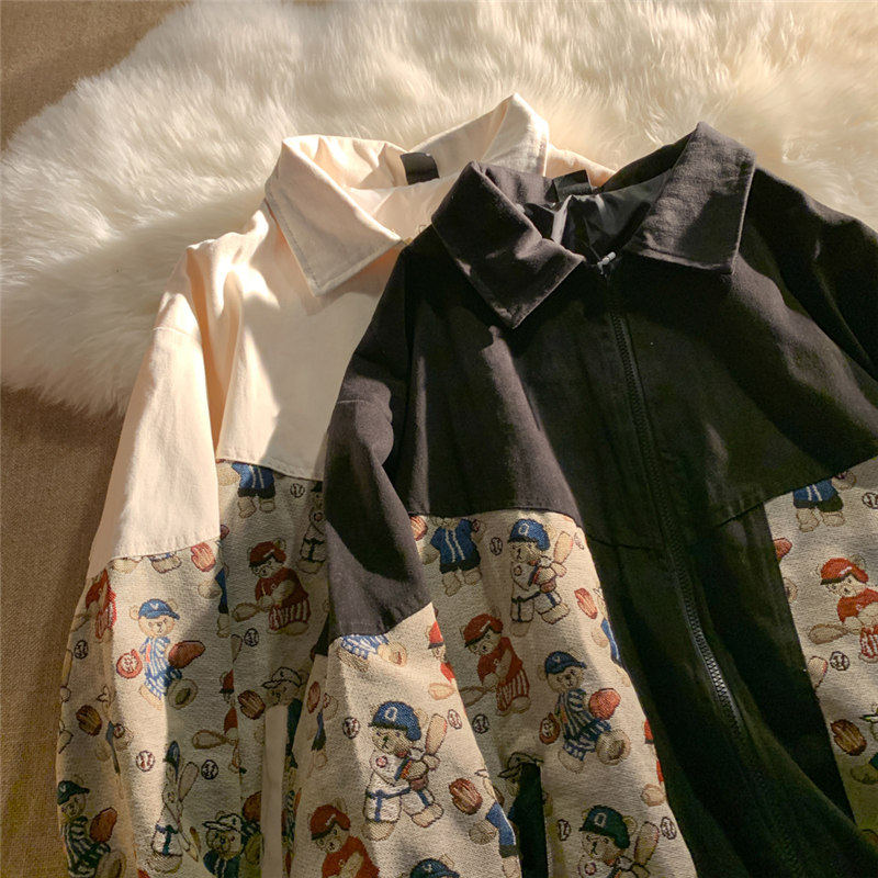 设计感拼接小熊夹克外套女春秋宽松复古棒球服ins潮102B-W362P55图片