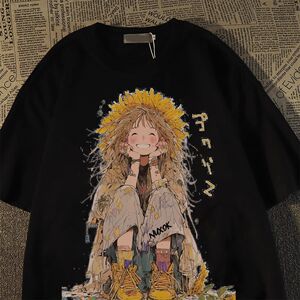 纯棉美式甜酷日葵人物印花短袖t恤男女宽松ins潮T恤102B-T2081P30