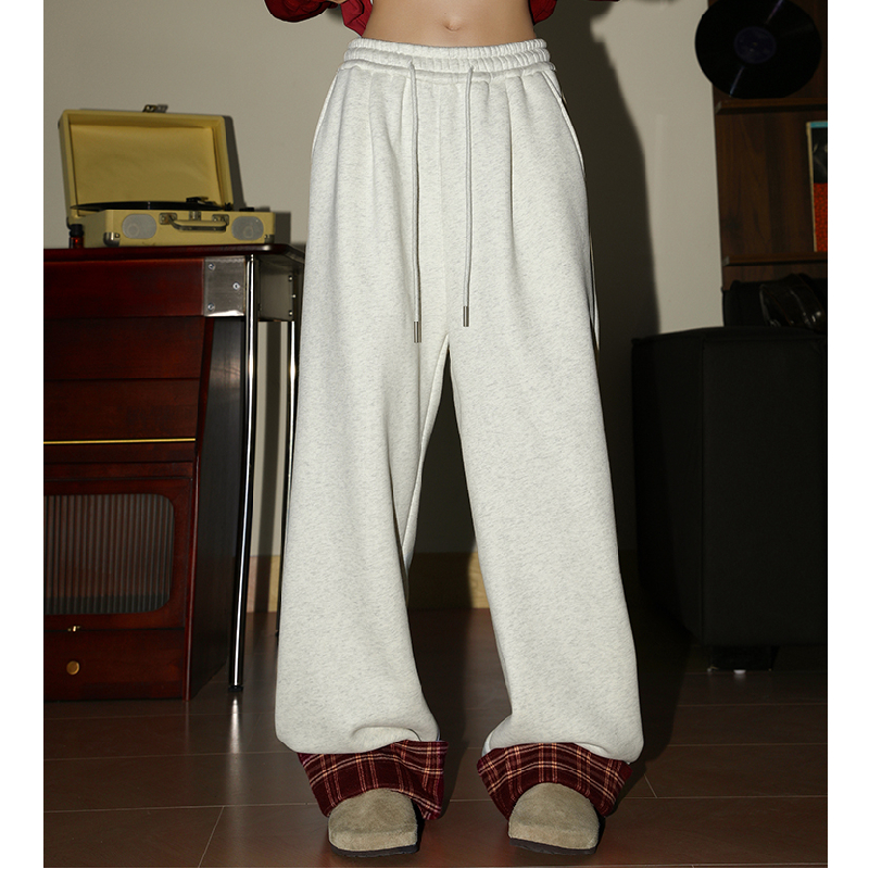 加绒撞色格子直筒长裤秋冬学生休闲裤运动裤102B-K518P45加绒55，女装休闲裤，星座102B