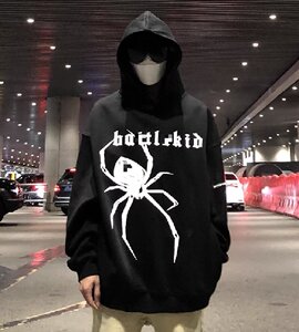复合绒蜘蛛印花秋卫衣宽松学生潮外穿连帽套头开衫102B-W163P55