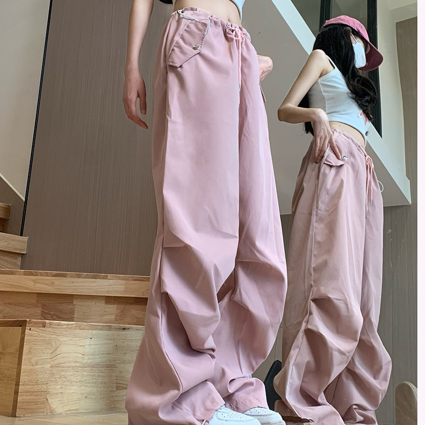 美式工装裤女高腰直筒阔腿裤粉色休闲拖地裤可束脚102B-K8142P58,女装休闲裤,星座102B