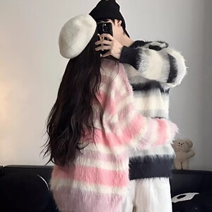 秋冬25纯长貂毛软糯条纹慵懒条纹毛衣男女针织上衣102B-M5253P78图片