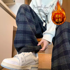 潮牌格子休闲裤男宽松大码显瘦直筒阔腿裤子102B-K4736P50加绒60