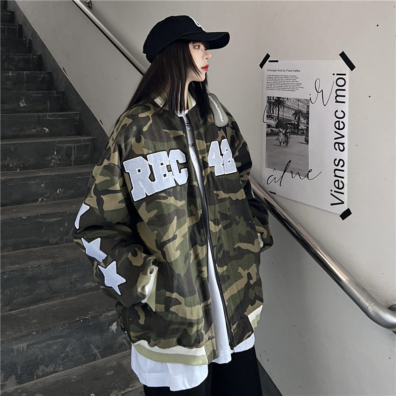 美式高街字母刺绣迷彩棒球服外套复古立领夹克男女102B-JK1217P75,男装夹克,星座102B