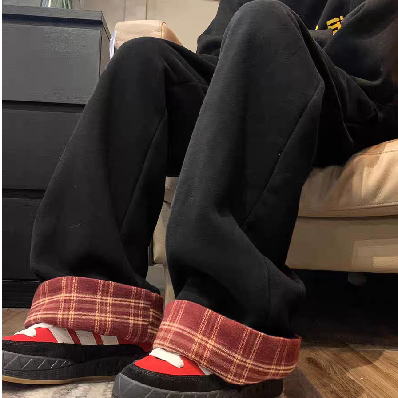 加绒撞色格子直筒长裤秋冬学生休闲裤运动裤102B-K518P45加绒55，女装休闲裤，星座102B