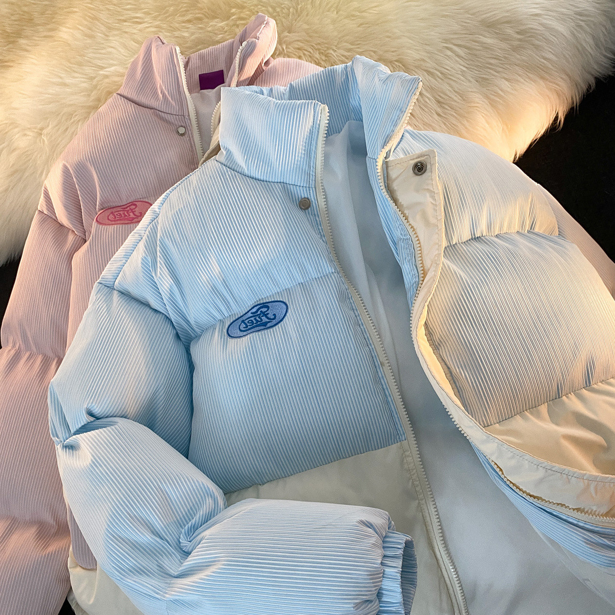 韩系刺绣拼色竖纹面包服男女冬宽松加厚棉袄外套潮102B-M3888P98,男装棉衣,星座102B