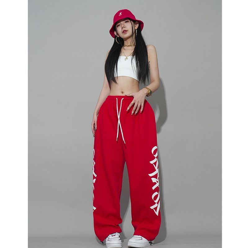 红色抽绳街舞hiphop运动裤嘻哈炸街宽松休闲跳舞卫裤102B-K803P40,女装休闲裤,星座102B