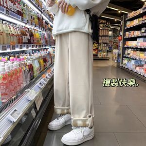 加绒加厚翻边格子休闲运动裤学生韩版阔腿长裤102B-K830P45加绒55图片