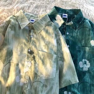 四面弹港风印花短袖衬衫男女夏季新款绿色扎染宽松102B-C2404P35图片