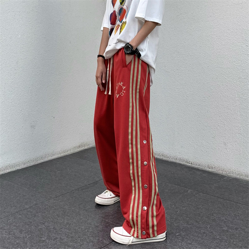 条纹运动侧排扣裤街头宽松抽绳休闲直筒阔腿裤男女102B-K234P45图片