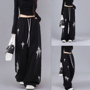 休闲卫裤美式星星印花直筒裤男女水洗高腰阔腿裤子102B-K8248P45图片
