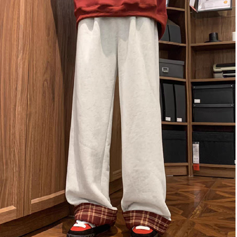 加绒撞色格子直筒长裤秋冬学生休闲裤运动裤102B-K518P45加绒55,女装休闲裤,星座102B