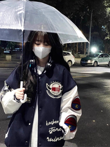 美式棒球服外套秋原宿港风oversize高街情侣外套102B-W89913P75图片