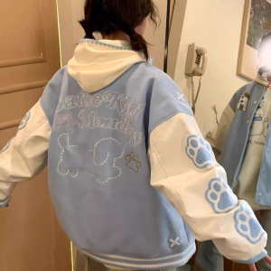秋男女2025学院风猫爪刺绣棒球服外套撞色夹克上衣102B-JK817P78图片