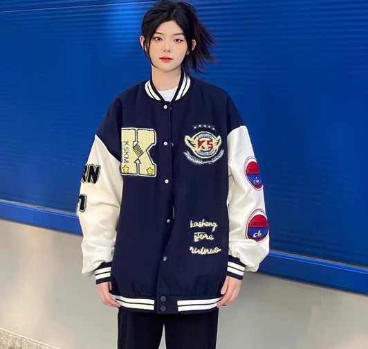 棒球服外套美式藏青色撞色拼接潮牌情侣飞行员夹克102B-JK5056P75,男装夹克,星座102B